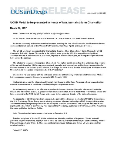 UCSD Medal to be presented in honor of late journalist John Chancellor
