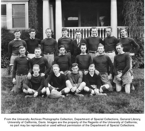 Football team, back row: Francis Hall, D. Brown, George Ambrose, Herbert Miller, John M. Roberts (Manager), John Dugan, L. Nourse, Edward Hampel, middle row: Harwood, Arthur Paul, R. Coleman, Albert Lewis, James Cutten, Joseph Hooper, front row: William Stone, Arthur Rivett, (Captain), Long, Edward Cahill [McCurry photo]