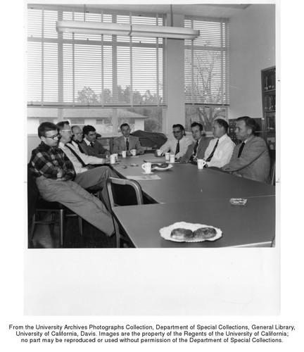 Avian Sciences, Poultry department: (left to right) Hans Abplanalp, Arthur H. Smith, Vigfus Asmundson, Frederick Lorenz, Charles Richard Grau, Wilbor Wilson, F. Howard Kratzer, Daniel Peterson, George Stewart