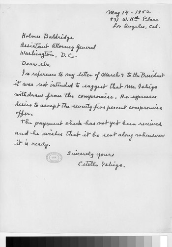 Letter, 1952 May 14, Los Angeles, Calif. to Holmes Baldridge, Washington, D.C