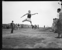 University of California athlete performing a long jump, Los Angeles, 1932
