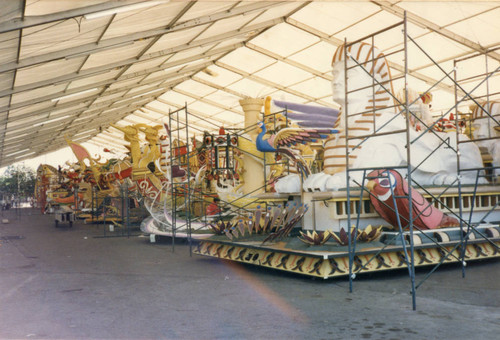 Floats ready for decorations in hanger