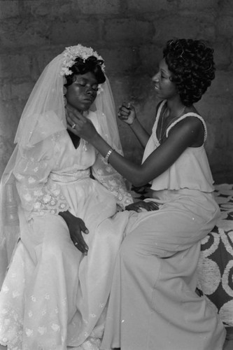 Adjusting bride's veil, San Basilio de Palenque, Colombia, 1977