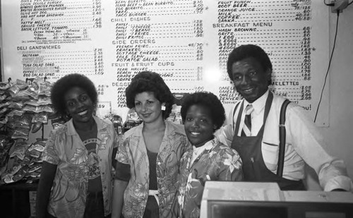 Employees posing at a Wimpy's Grand Opening, Los Angeles, 1983