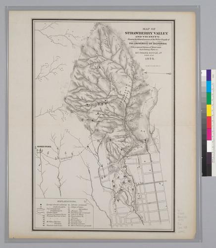 Map of Strawberry Valley and vicinity : showing the natural sources of water supply of the University of California with proposed system of reservoirs, distributing pipes . / By Frank Soule Jr