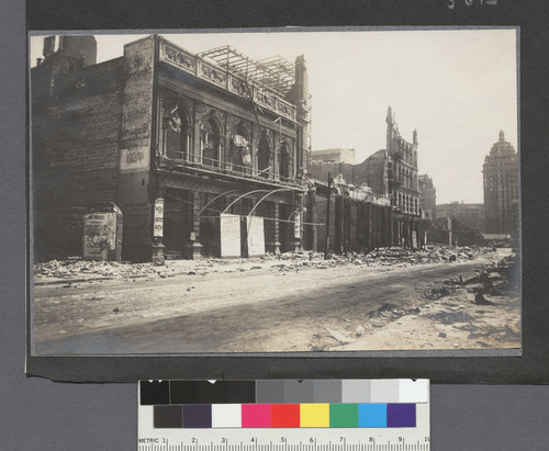 [View looking east down O'Farrell Street. Call Building at Market and Third Streets, far right.]