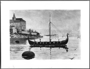 Painting of a Viking ship sitting in a harbor, photograph ca.1900