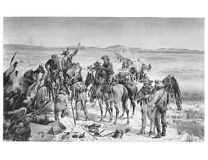 Drawing by H.W. Hansen, "Crossing the plains; the indians' use of firearms and firewater", depicting pioneers coming across a ravaged wagoneer
