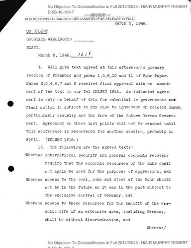 Douglas cable to secretary of state regarding Ruhr paper