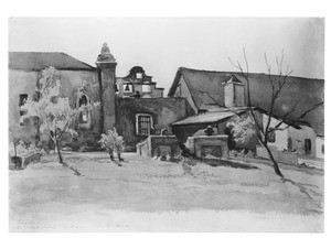 Painting depicting the front courtyard, priests' and old tombs of the Mission San Gabriel, 1888