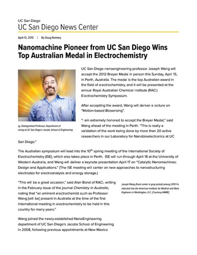 Nanomachine Pioneer from UC San Diego Wins Top Australian Medal in Electrochemistry