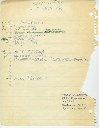 Open Mike Night, Signup Sheet, 19 March 1986