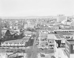 Birdseye view of Eleventh Street looking west from Hill Street, Los Angeles, 1931