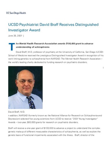 UCSD Psychiatrist David Braff Receives Distinguished Investigator Award