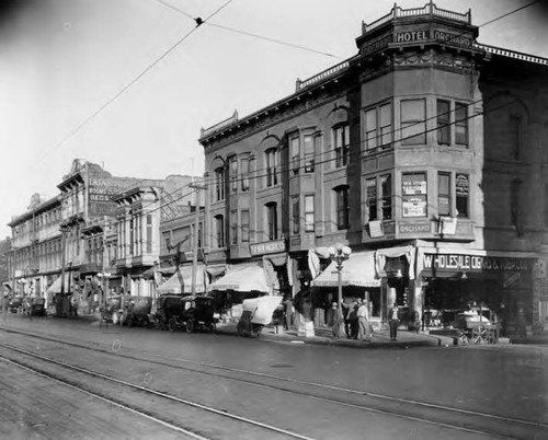 Corner of North Main and Arcadia Street, near the Plaza. Pico House is on far left