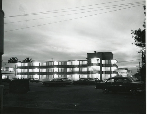 Pepperdine College's Lawhorn Hall lit up at night, 1962