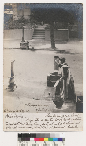 Tasting the soup. In front of 501 Capp St. April 23, 1906. [Ehrer material. Postcard.]