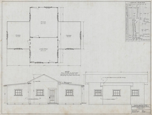 Plan and Elevations of 4 Room House for Logging Dept. Hammond Lumber Co. Eureka, Cal