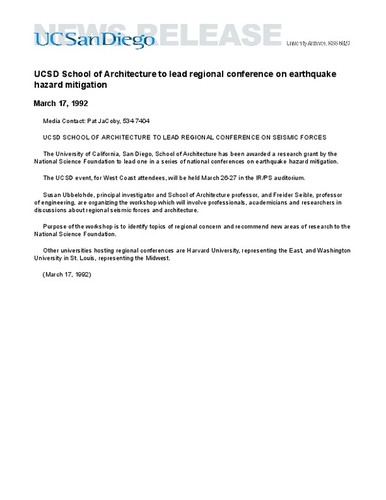 UCSD School of Architecture to lead regional conference on earthquake hazard mitigation