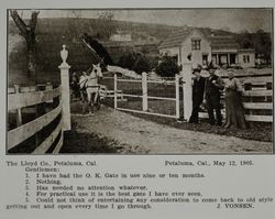 Lloyd gate at the J. Vonsen farm in Petaluma, California, as shown in the Lloyd Co. catalog for 1912
