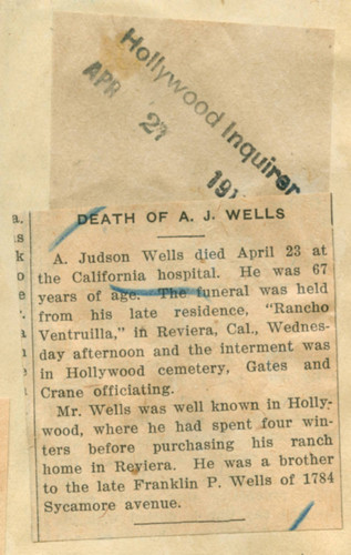 Death of A. J. Wells