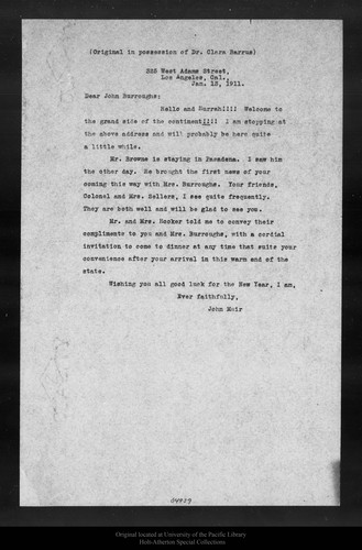 Letter from John Muir to John Burroughs, 1911 Jan 13