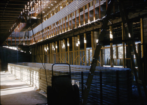 Interior view of Administration Building construction, part of the Frank Lloyd Wright-designed Marin County Civic Center, San Rafael, California, circa 1960 [photograph]