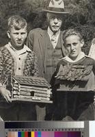 Frank A. Vanderlip with Winners of Second Annual Bird House Competition at Malaga Cove School, Gordon Anderson (left) and Tod Snelgrove