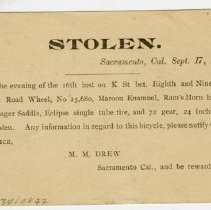 Postcard issued by the Sacramento Police Department announcing the theft of a bicycle. Includes a description of the cycle