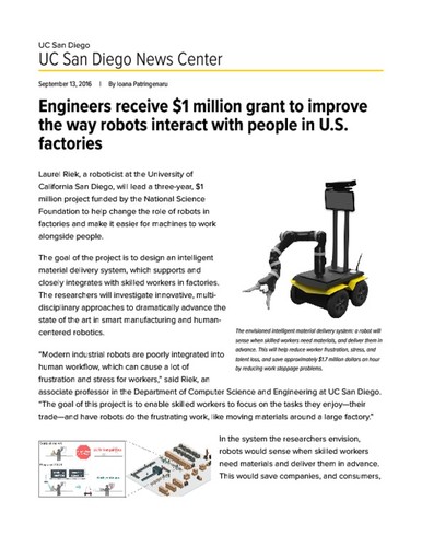 Engineers receive $1 million grant to improve the way robots interact with people in U.S. factories
