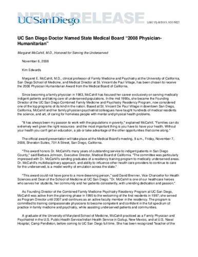 UC San Diego Doctor Named State Medical Board “2008 Physician-Humanitarian”--Margaret McCahill, M.D., Honored for Serving the Underserved