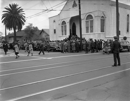 Exterior of church during funeral service, Los Angeles, 1949