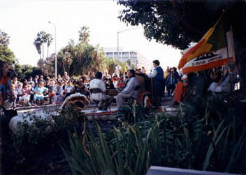 Indian Memorial dedication, Iron Eyes Cody seated to the left (in white) with a drum