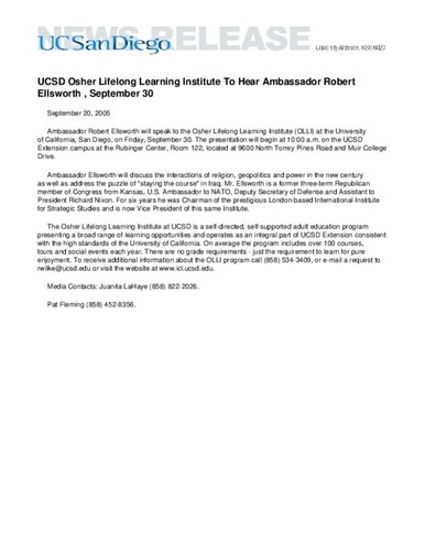 UCSD Osher Lifelong Learning Institute To Hear Ambassador Robert Ellsworth, September 30