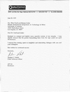 Letter, Zehev Tadmor to Andrew J. Viterbi, September 4, 1995