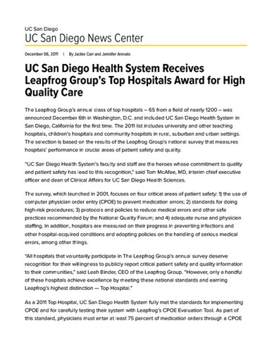 UC San Diego Health System Receives Leapfrog Group’s Top Hospitals Award for High Quality Care