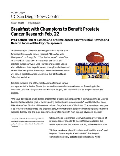 Breakfast with Champions to Benefit Prostate Cancer Research Feb. 22
