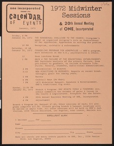 ONE Incorporated, calendar of events (1972)