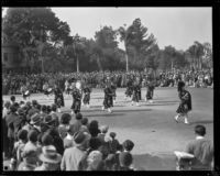 Pasadena Bag Pipe Band at the Tournament of Roses Parade, Pasadena, 1930
