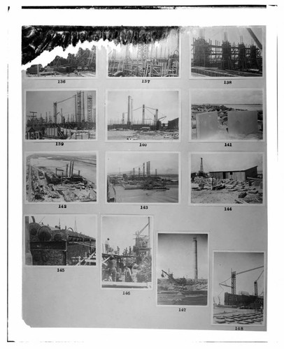 This is a multi-image negative that depicts construction at Long Beach Steam Plant. Undamaged images included on the plate are copies of original negatives: 02 - 00138; 02