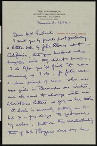 Mildred Howells, letter, 1934-03-08, to Hamlin Garland