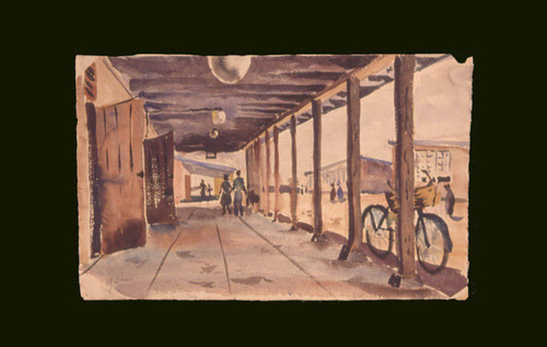 Watercolor painting depiciting students walking down school corridor at Poston Relocation Center
