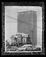 Bunker Hill Victorian house called "The Castle" standing in front of 42 story Union Bank building in Los Angeles, Calif., 1966