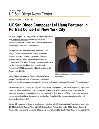 UC San Diego Composer Lei Liang Featured in Portrait Concert in New York City