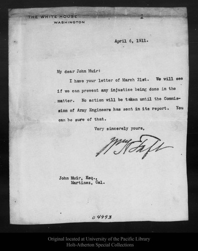 Letter from W[illia]m H. Taft to John Muir, 1911 Apr 6