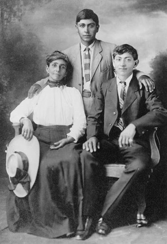 Manuela Trujillo with her sons, Polito (standing) and Dolores, around 1905. Topanga, Calif