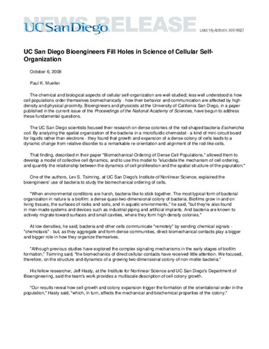 UC San Diego Bioengineers Fill Holes in Science of Cellular Self-Organization