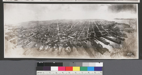 [Aerial view of city from San Francisco Bay from above the Ferry Building. Market St., center; Golden Gate, right.]