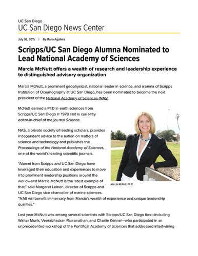 Scripps/UC San Diego Alumna Nominated to Lead National Academy of Sciences