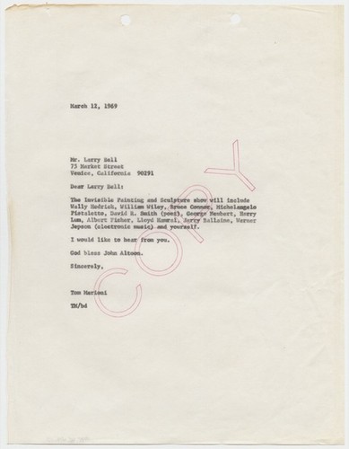 Letter to Larry Bell from Tom Marioni (Larry Bell folder)